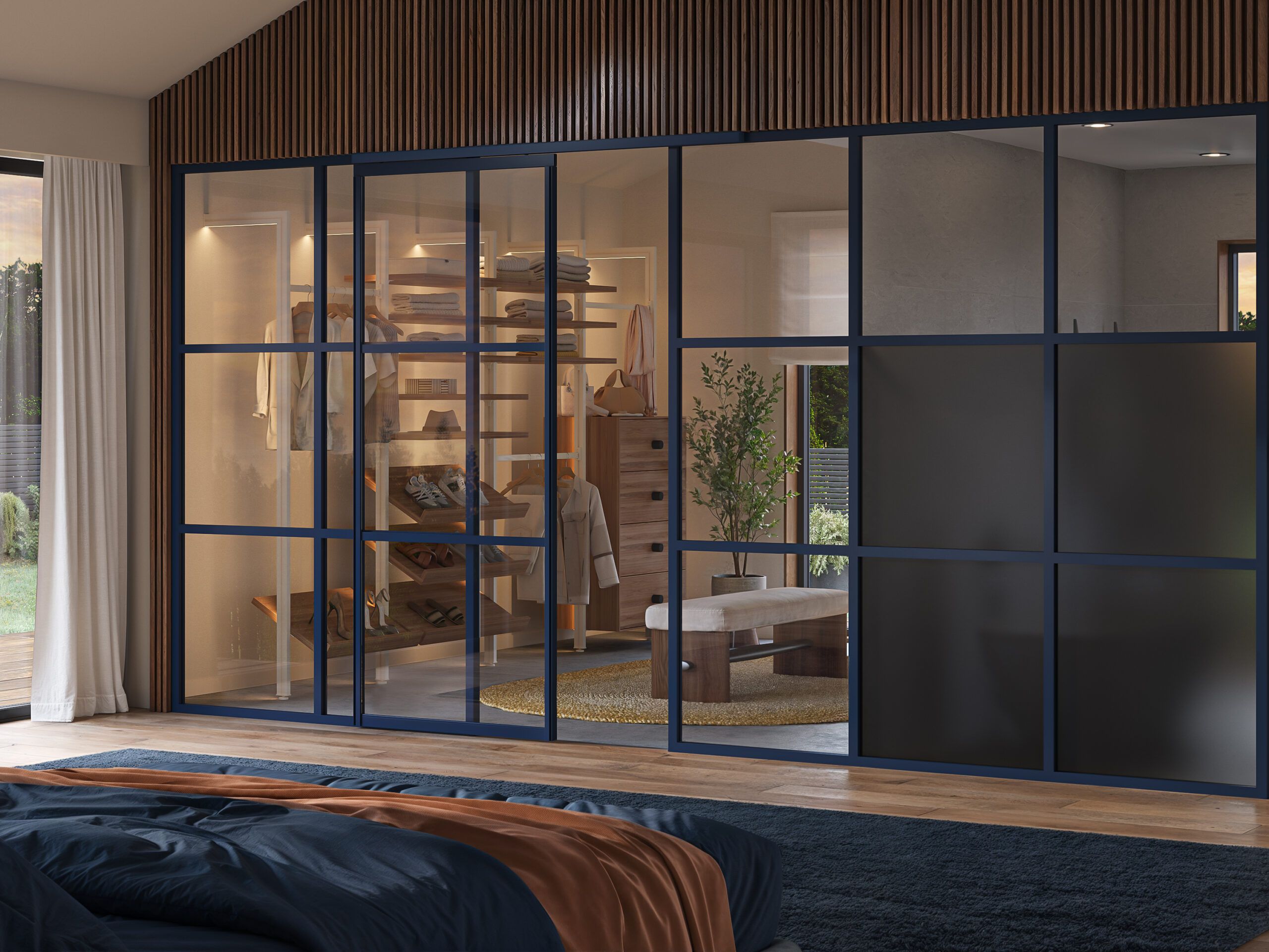 Espace dressing modulaire avec éclairage visible depuis espace nuit 