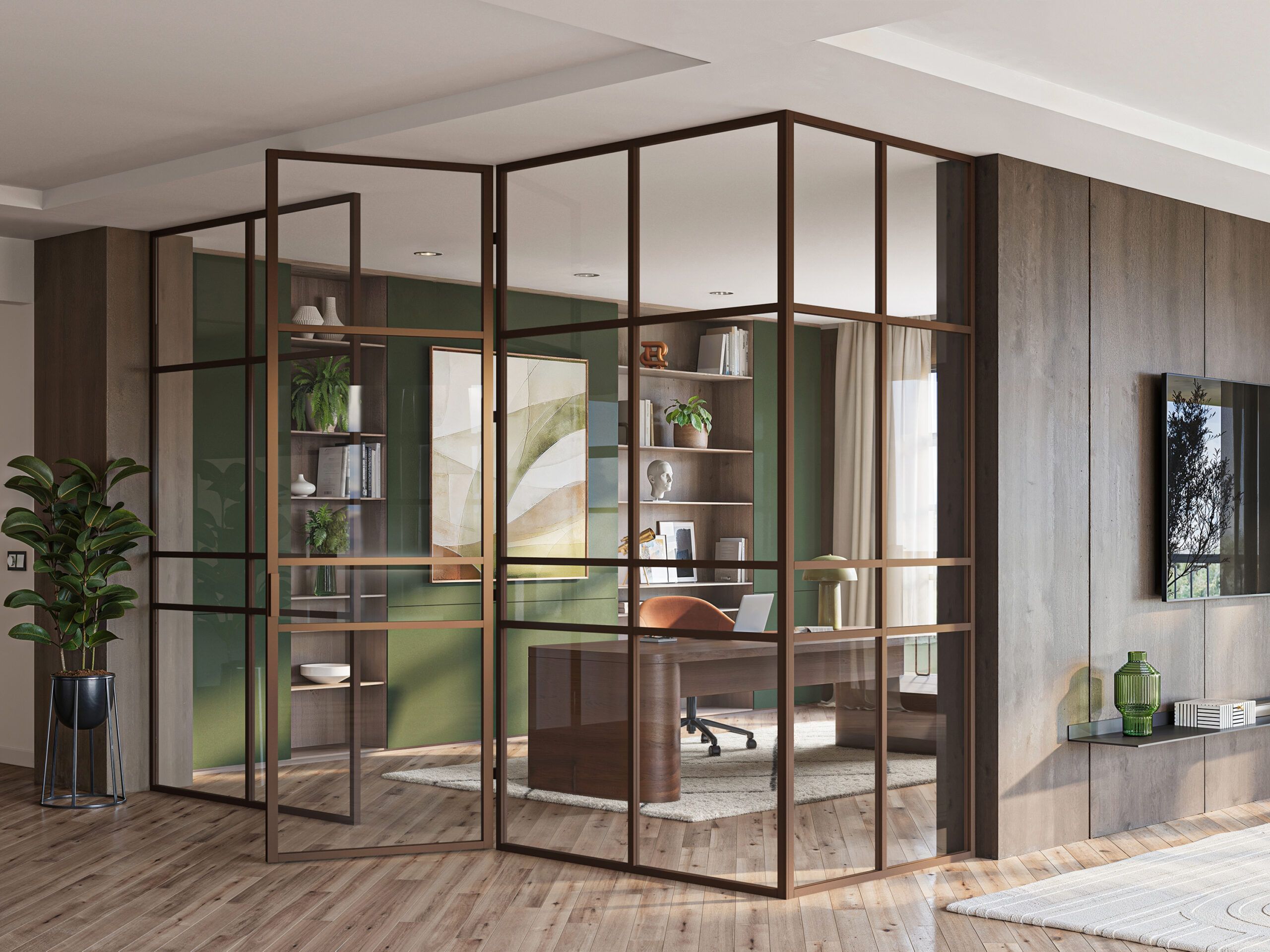 pièce design avec séparation par verrière vitrée toute hauteur donnant vue su run bureau élégant.